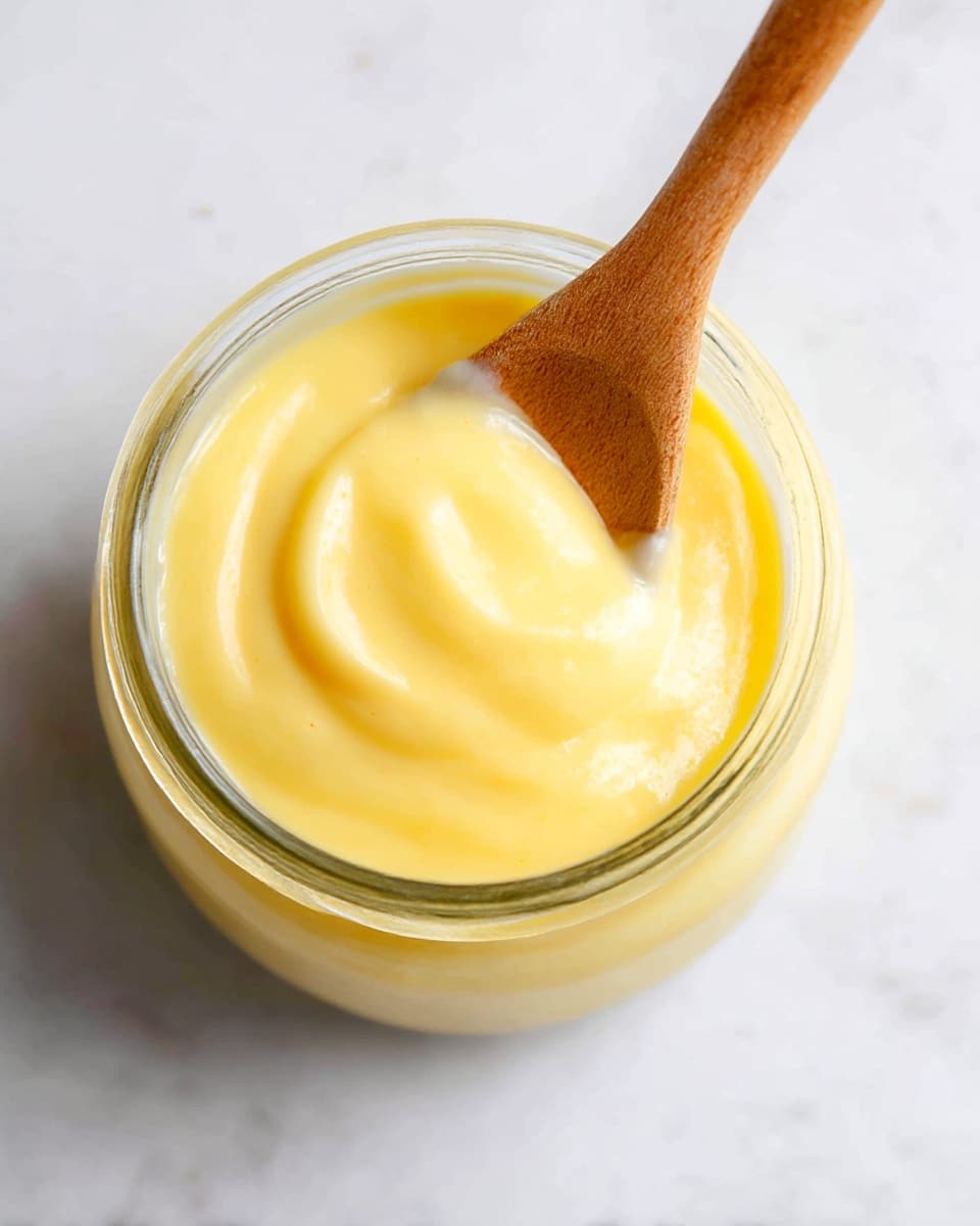 The image shows a clear glass with two visible layers inside. The bottom layer is made of small, round chia seeds soaked in a creamy white liquid, giving it a bumpy and speckled texture with light brown and white colors. The top layer is a smooth, thick, and pale yellow custard-like cream that takes up about half of the glass and is evenly spread. The glass is placed on a white marbled surface with a soft beige cloth partially visible next to it. Photo taken with an iphone --ar 4:5 --v 7
