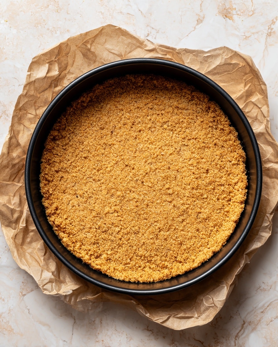 The image shows a single layer of golden brown, finely crushed graham cracker crust pressed evenly along the bottom and up the sides of a black springform pan, creating a smooth, compact base with a slightly rough, grainy texture. The crust's color is warm and sandy, with tiny bits of crumbs visible throughout. The pan rests on crumpled light brown parchment paper placed on a surface with a white marbled texture. photo taken with an iphone --ar 4:5 --v 7