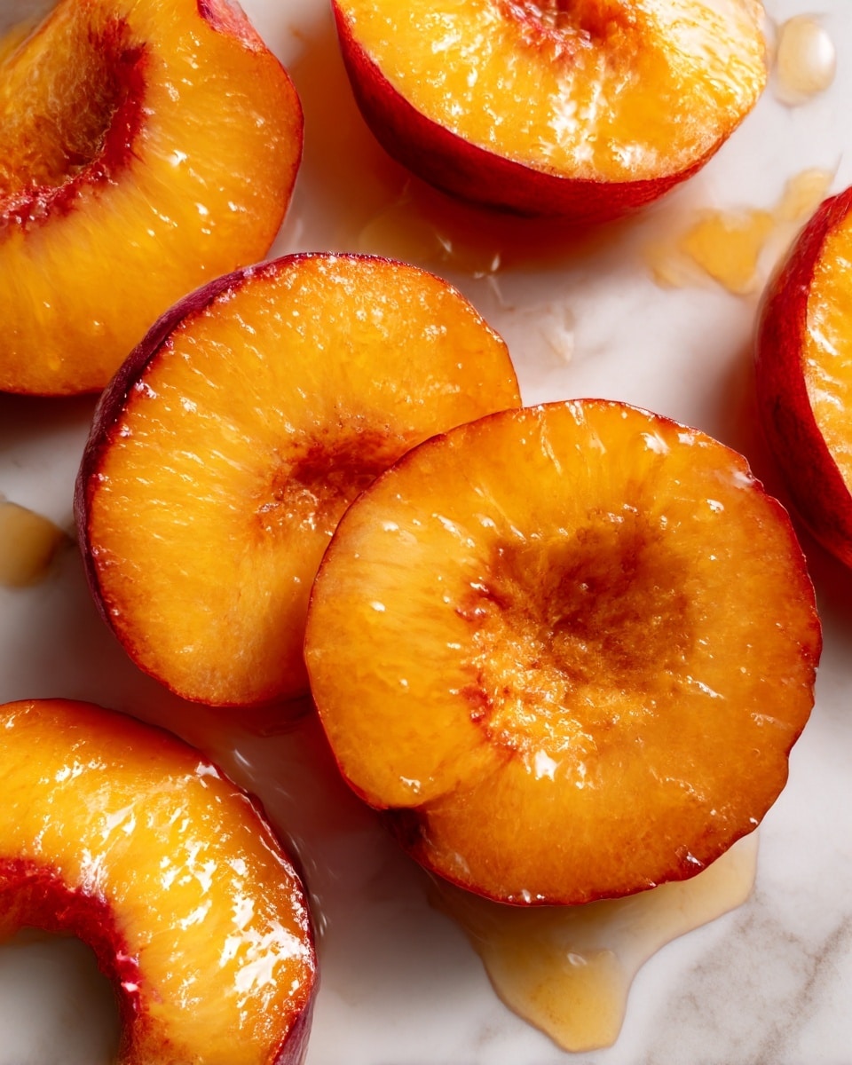 The image shows several slices of cooked peaches arranged close to each other on a white marbled surface. Each slice has a glossy, warm orange color with darker reddish edges, showing a soft and juicy texture. A thin layer of syrup or glaze coats the peach slices, giving them a shiny and slightly wet look. The surface beneath the fruit is smooth with a few streaks of juice pooling around the slices. The lighting highlights the bright, rich tones of the peaches and the sweet glaze. photo taken with an iphone --ar 4:5 --v 7