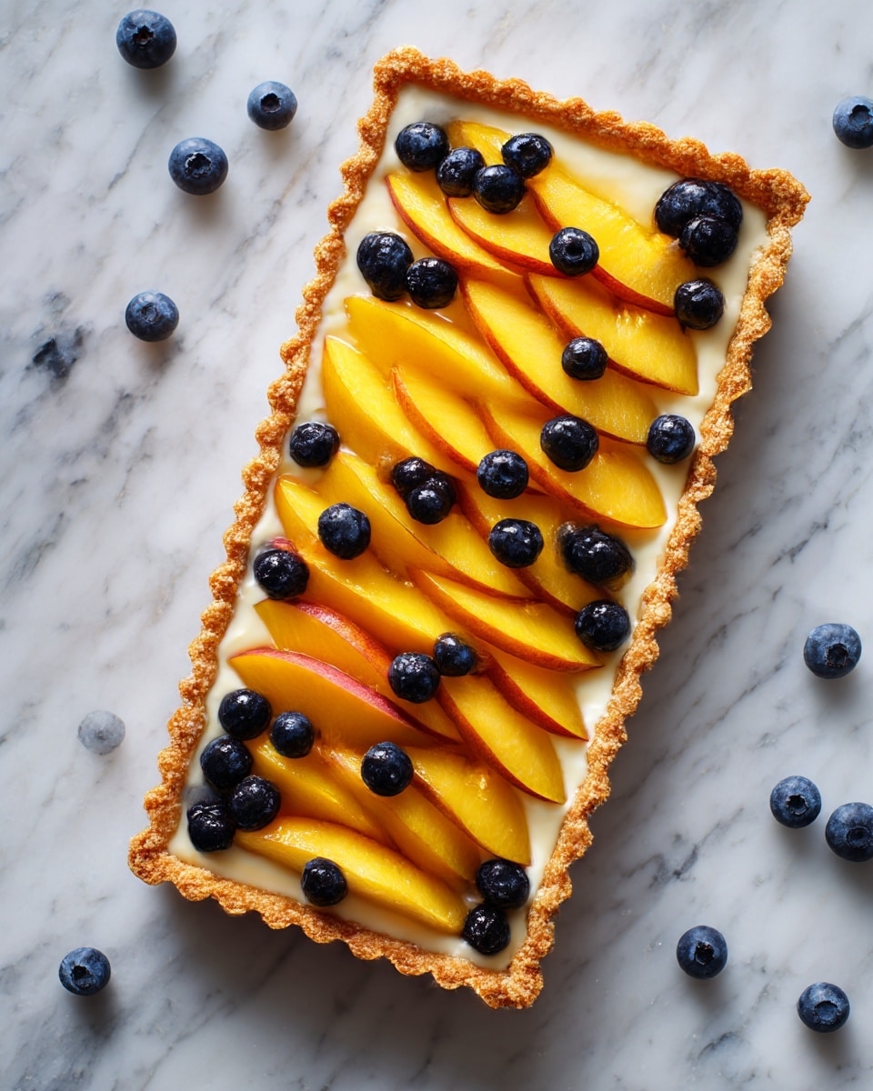 A rectangular fruit tart with a golden-brown crust has two main layers on top: a smooth, creamy white filling and a colorful fruit layer. The fruit layer consists of many thin, curved peach slices arranged in neat diagonal rows, interspersed with small clusters of dark blue blueberries that add contrast and a bit of texture. The edges of the crust are slightly raised and crumbly, giving the tart a rustic look. The tart is placed directly on a white marbled surface with a few scattered blueberries around it. The light shines evenly on the tart, highlighting the juicy, fresh look of the fruit and the crispness of the crust. photo taken with an iphone --ar 4:5 --v 7