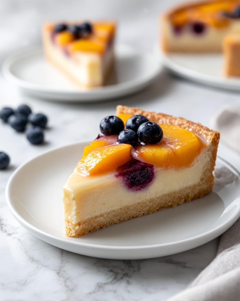 A square slice of fruit tart is placed on a white plate resting on a white marbled surface. The tart has three visible layers: a thick light golden crust at the bottom with a slightly crumbly texture, topped by a pale, creamy custard layer, and then decorated with several fruit pieces on top including deep purple blueberries and bright orange slices of peach arranged evenly. A light glaze covers the fruit giving it a shiny look. In the background, a second white plate has another piece of the tart, and a few loose blueberries are scattered on the surface. Photo taken with an iphone --ar 4:5 --v 7