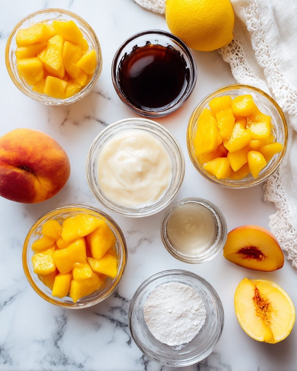 The image shows several small clear glass bowls placed on a white marbled surface. There are two bowls filled with yellow peach slices, one with diced peach pieces, one with a thick white creamy mixture, one with dark brown liquid, another with a clear liquid, and one with white powder. Around the bowls, there are two whole peaches, one whole yellow lemon, and a peach slice. In the top right corner, a white cloth with lace trim is partially visible. The arrangement is bright and colorful, with the yellow and orange of the peaches standing out against the white background. photo taken with an iphone --ar 4:5 --v 7