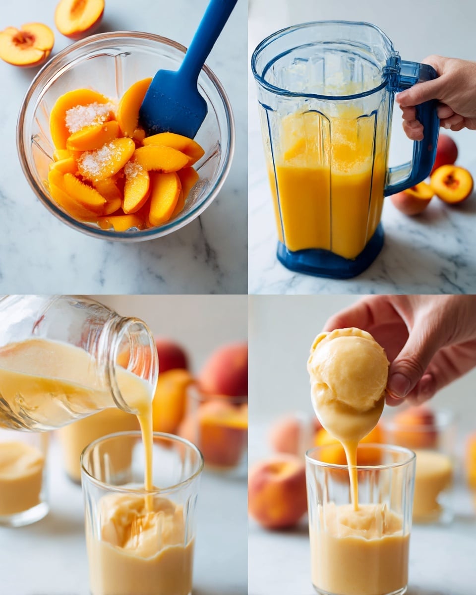 The image shows a step-by-step process of making a creamy peach dessert. In the first step, there is a clear mixing bowl filled with bright orange peach slices topped with white sugar crystals, and a blue spatula is placed inside the bowl. The second step shows a blender container filled with a smooth, thick yellow-orange peach puree with fresh peaches blurred in the background. The third step captures a woman's hand pouring a clear liquid from a small glass bowl into the peach puree in the clear mixing bowl below. The last step presents a close-up of a transparent glass filled with a pale creamy peach mousse, with a spoon lifting a generous scoop from the top. The background shows more glasses filled with the cream and some whole peaches, all set on a white marbled surface. Photo taken with an iphone --ar 4:5 --v 7