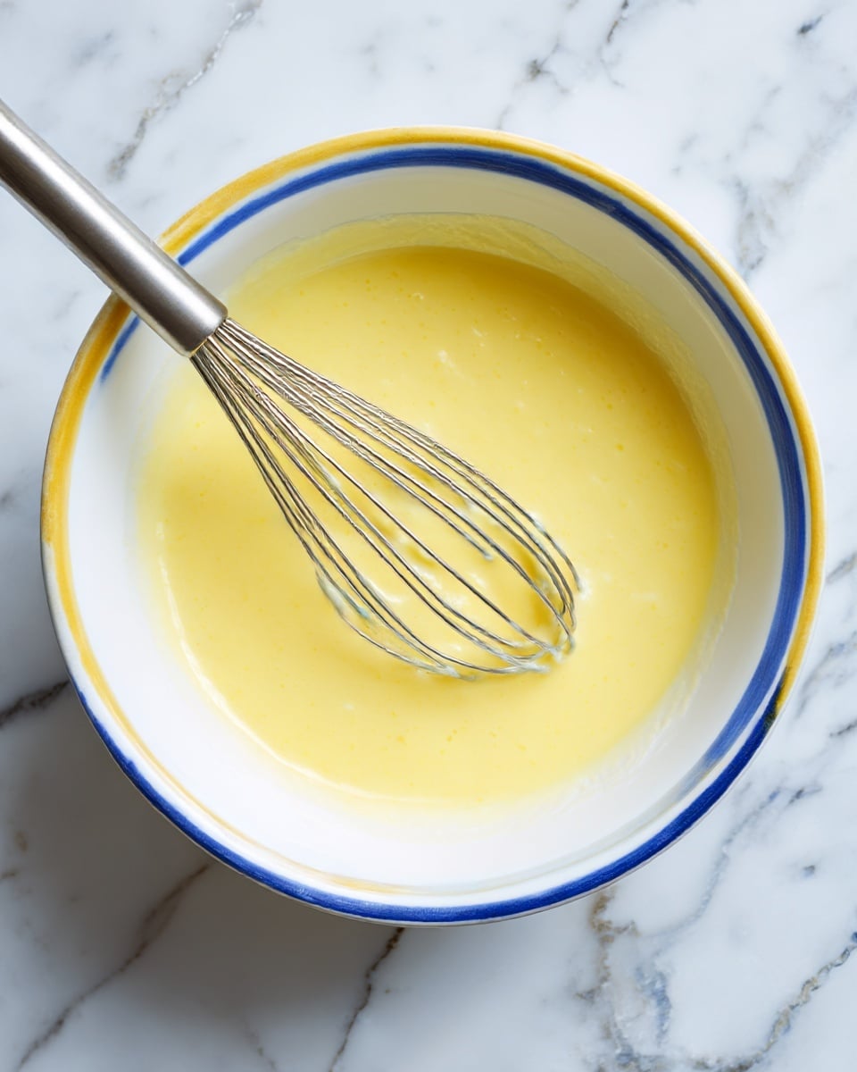 A white bowl with a thin yellow rim holds a smooth yellow mixture with a liquid texture, filling the bowl about halfway. A silver metal whisk lies inside the bowl, partially submerged in the mixture, with its handle resting on the bowl's edge. The bowl is placed on a white marbled surface with visible grey veins. Part of a blue and white container is visible on the right side of the image photo taken with an iphone --ar 4:5 --v 7