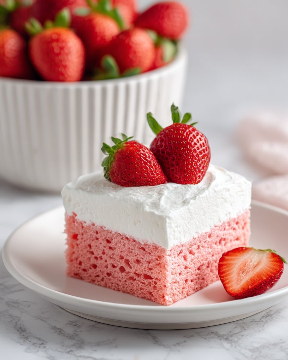 A square piece of pink and white sponge cake sits on a white plate with a white marbled surface underneath. The cake has two layers: the bottom sponge cake layer, which is pink with a soft, moist texture showing small air bubbles, and a thick top layer of smooth white whipped cream. On top of the whipped cream, two fresh strawberries are placed, one whole with its green leaves, and one cut in half showing its red juicy inside and seeds. In the background, a white ribbed bowl is filled with whole bright red strawberries with green leaves. Photo taken with an iphone --ar 4:5 --v 7