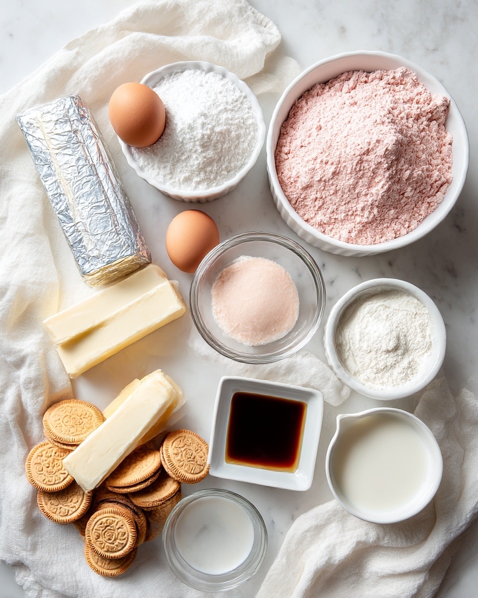 A collection of baking ingredients arranged on a white marbled surface, featuring a white bowl filled with light pink strawberry cake mix at the center upper right, next to a small white ramekin with powdered sugar, white eggs, and a block of cream cheese wrapped in foil. In the foreground, there are two sticks of butter, a small glass bowl of pale pink strawberry gelatin, a pile of golden Oreos, a small white bowl with heavy cream or milk, and a square dish with dark brown vanilla extract. White cloths are casually placed under and around the ingredients, giving a soft textured background. photo taken with an iphone --ar 4:5 --v 7