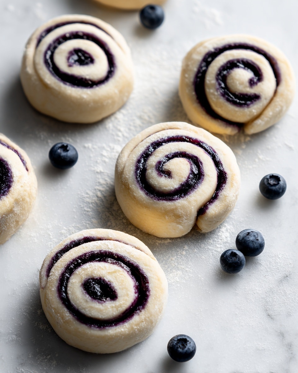 Five round dough spirals with a dark purple swirl running through each one are placed on a white marbled surface dusted with white flour. The dough is pale cream in color, soft and slightly thick, with the dark purple swirl standing out clearly in each spiral. Scattered around the dough spirals are several fresh blueberries, deep blue and smooth, adding a fresh touch to the scene. The lighting is bright, showing the textures of the dough and the glossy swirl inside clearly. photo taken with an iphone --ar 4:5 --v 7