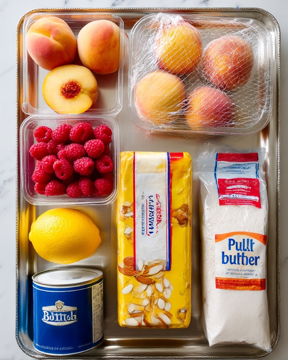 A top-down view of various baking ingredients set neatly on a silver tray over a white marbled surface. From top left, there is a clear plastic pack holding four flat peaches with soft yellow and red blush colors; next to it is a net bag with several peaches showing a slightly fuzzy texture in shades of yellow and red. Below the flat peaches on the left, there is a clear plastic container filled with bright red raspberries. In the middle, a rectangular block of British salted butter wrapped in shiny red, white, and blue packaging sits above a yellow packet of flaked almonds with some almonds visible through a transparent window. At the bottom, a bright yellow lemon is positioned on the left, beside a blue and white canister of baking powder. Two bags of dry goods are next, one orange bag labeled caster sugar and the other white with blue and red labeled plain flour. All items are arranged closely together with clear packaging and colorful labels. Photo taken with an iphone --ar 4:5 --v 7