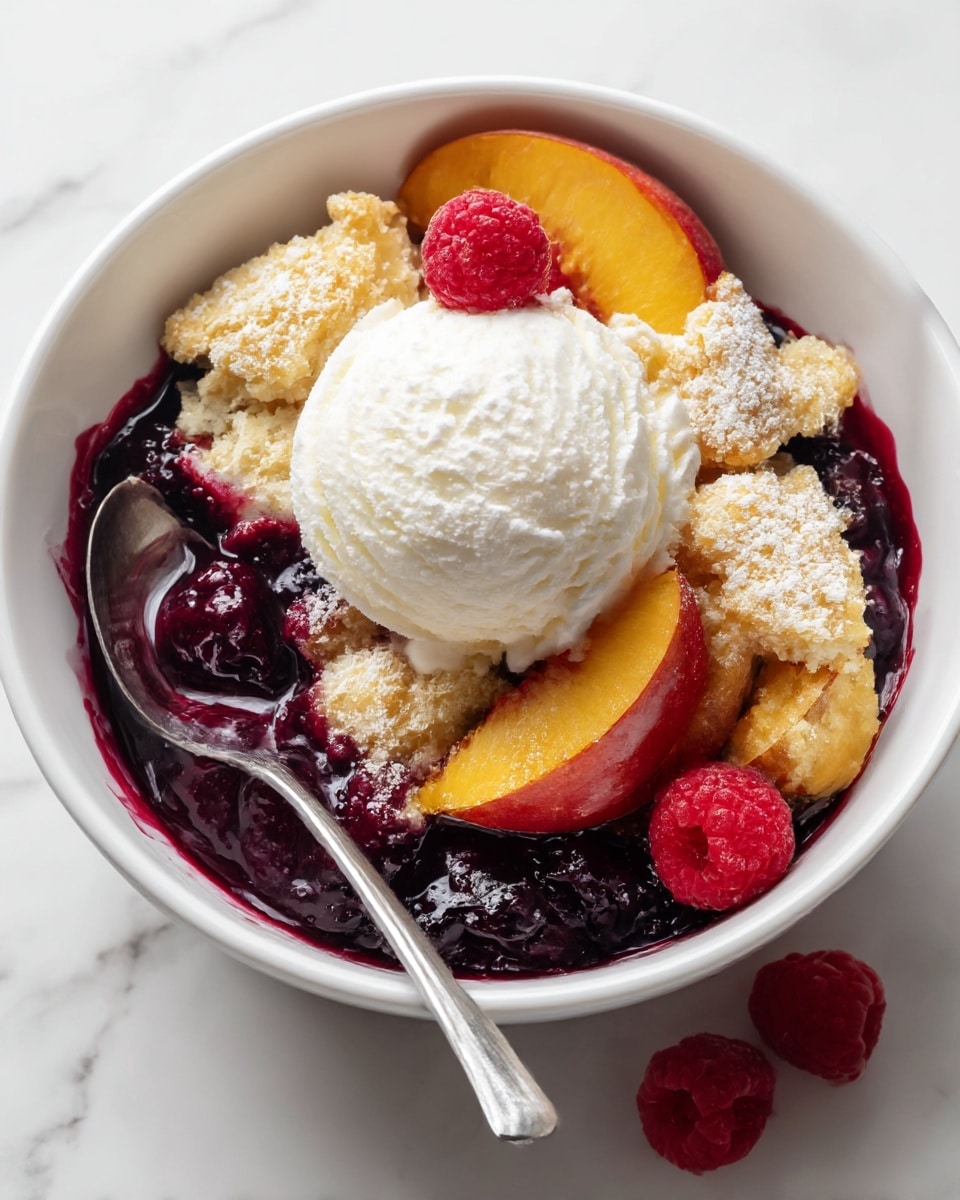 A white bowl on a white marbled surface holds a fruit cobbler made of three layers: the bottom layer is a dark purple fresh berry sauce with visible berries and a shiny texture; on top are rough golden-brown crumbly biscuit pieces with a dusting of powdered sugar; a scoop of smooth white vanilla ice cream sits in the center, topped with a few red raspberries and some peach slices along the edge. A silver spoon rests in the bowl, partially submerged in the berry layer, with bright red raspberries scattered nearby. The photo is close-up and detailed, showing textures clearly. photo taken with an iphone --ar 4:5 --v 7