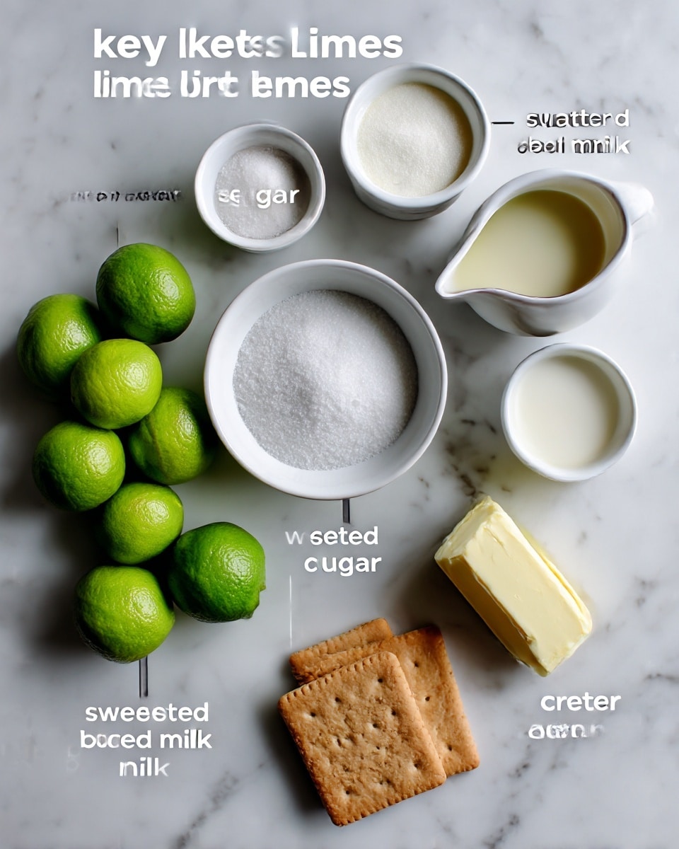 The image shows ingredients for a dessert arranged on a white marbled surface. There are several bright green key limes clustered on the left side, with labels indicating