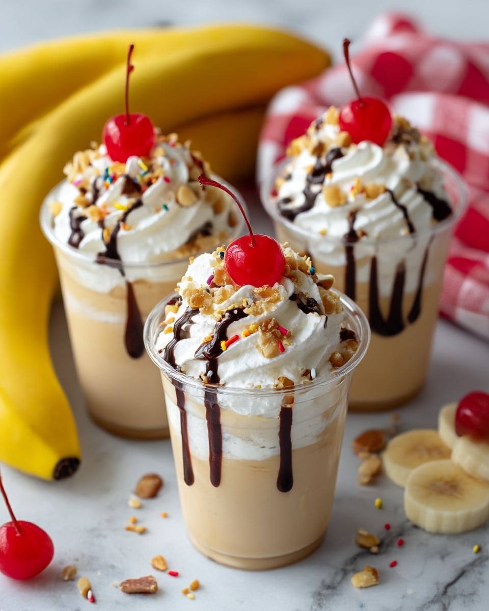 The image shows three clear plastic cups filled with a dessert that has three visible layers. The bottom layer is light tan, smooth, and creamy, likely pudding. The middle layer is another thin layer of a similar light color. The top layer is white whipped cream, swirled and drizzled with dark chocolate syrup. Colorful sprinkles and chopped nuts are scattered on top of the whipped cream, with a bright red cherry placed at the very top of each cup. The cups are placed on a white marbled surface, next to two yellow bananas and a red and white checkered cloth in the background. Photo taken with an iphone --ar 4:5 --v 7