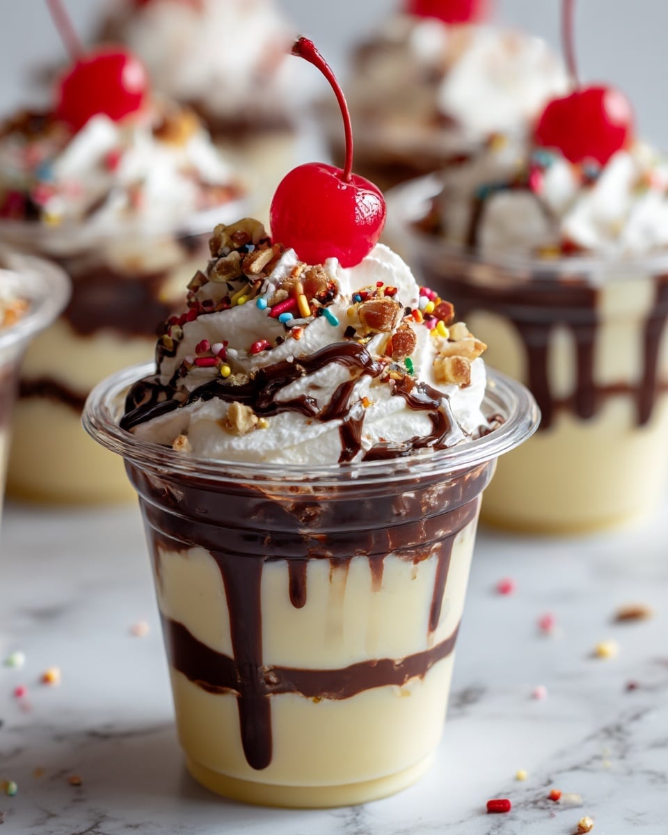 A clear plastic cup holds a layered dessert with about three layers visible: the bottom layer is a pale creamy yellow pudding, the middle is a thin layer of chocolate syrup, and the top layer is a large swirl of white whipped cream covered with chocolate syrup drizzle, colorful candy sprinkles, and small nut pieces. On top sits a bright red cherry, slightly glossy and centered. The cup is set on a white marbled surface with other similar cups blurred in the background. The scene is well lit, showing the creamy and smooth textures clearly. photo taken with an iphone --ar 4:5 --v 7
