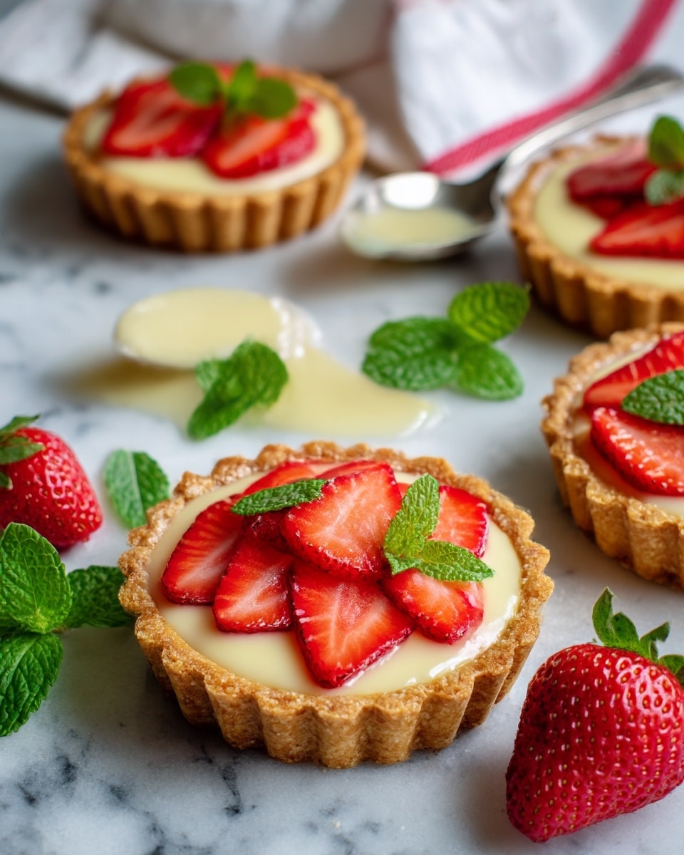 The image shows small round tarts with a golden-brown crust that looks crispy and flaky, filled with a creamy pale yellow custard. On top of the custard, there are sliced fresh strawberries placed evenly, showing their bright red color with seeds and juicy texture. Small bright green mint leaves are scattered on top of each tart, adding a fresh look. The tarts are placed on a white marbled surface with a few whole strawberries and fresh green mint leaves beside them. There is a white cloth with red stripes in the background and a spoon with some custard on it lying nearby. photo taken with an iphone --ar 4:5 --v 7