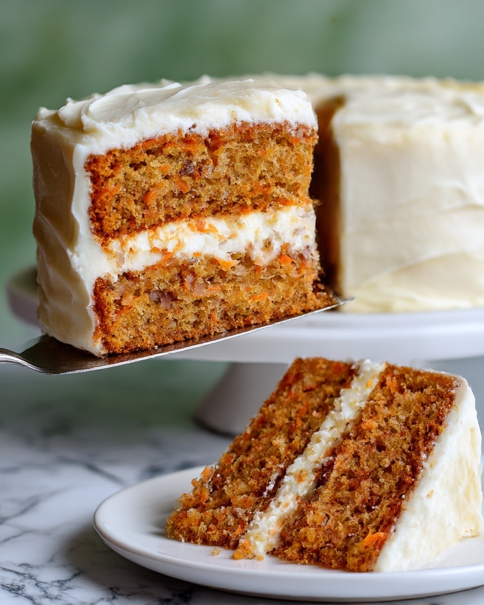 The image shows a two-layer carrot cake slice with light brown, moist cake layers filled with visible carrot bits. Between the layers and on the outside, there is a thick, smooth white cream cheese frosting spread evenly but with some soft swirls and texture. The cake slice is being lifted on a silver cake server from a white plate, which holds the rest of the cake. The background is blurred with green tones, and the surface beneath has a white marbled texture. photo taken with an iphone --ar 4:5 --v 7