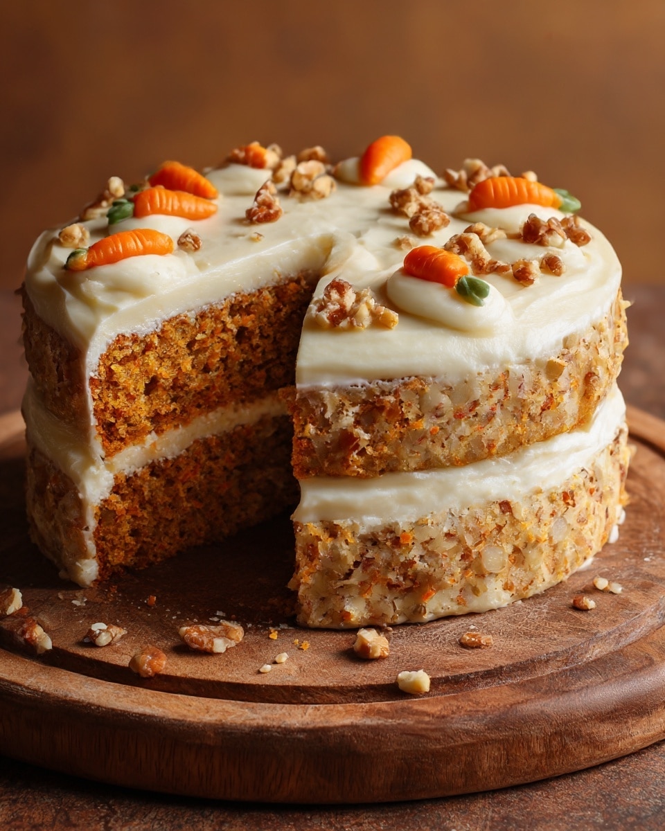 A two-layer carrot cake sits on a round wooden board with a slice removed, showing its moist, crumbly orange-brown texture speckled with small bits of carrot and nuts. Each cake layer is separated by a thick layer of creamy white frosting. The top is covered with smooth white frosting decorated with chopped nuts and small orange carrot shapes made from icing. The sides are mostly frosted white with a few bits of carrot decoration visible. The background has a warm, brownish tone, and the cake’s detailed texture and frosting softness are clearly visible. photo taken with an iphone --ar 4:5 --v 7
