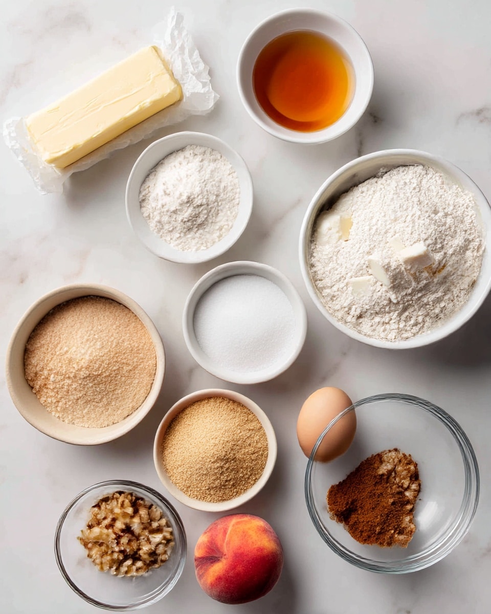 A white marble surface with various baking ingredients carefully arranged. There are two peaches placed side by side at the bottom right. Next to them is a raw egg on the marble. Near the center right is a small round clear bowl filled with white chunks, likely white chocolate. Above it is a white round bowl filled with white flour. To the top left of the flour bowl is a stick of butter wrapped in paper. At the top middle is an amber-colored liquid in a small round bowl. To the left of it is a white round bowl full of granulated white sugar. Below the sugar bowl is a beige bowl filled with light brown sugar, displaying a slight texture on its surface with two cracks. At the far left bottom is a small clear bowl holding chopped nuts, and above it is a small pile of brown spice, likely cinnamon, and an empty clear glass bowl nearby. The whole setup is photographed with an iphone --ar 4:5 --v 7