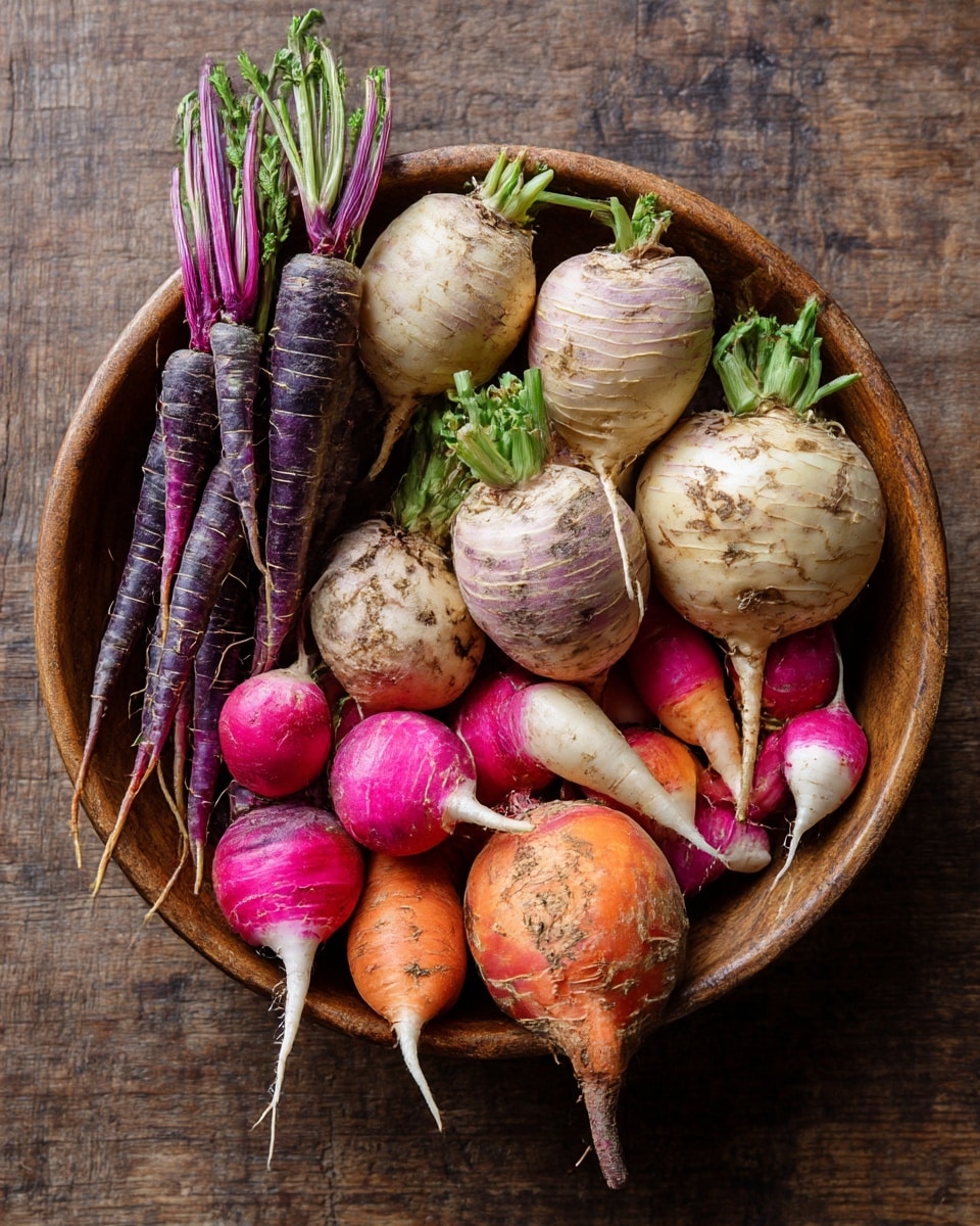 A wooden bowl filled with a mix of root vegetables arranged in layers: in the back, long purple carrots with green tops; in the middle, three large turnips with pale white and light purple skin, showing some green leafy sprouts; scattered around are bright pink and white radishes with both rounded and elongated shapes, some with white tails; in the front, two large orange and reddish beets with rough textured skin. The bowl sits on a rustic wood surface. Photo taken with an iphone --ar 4:5 --v 7