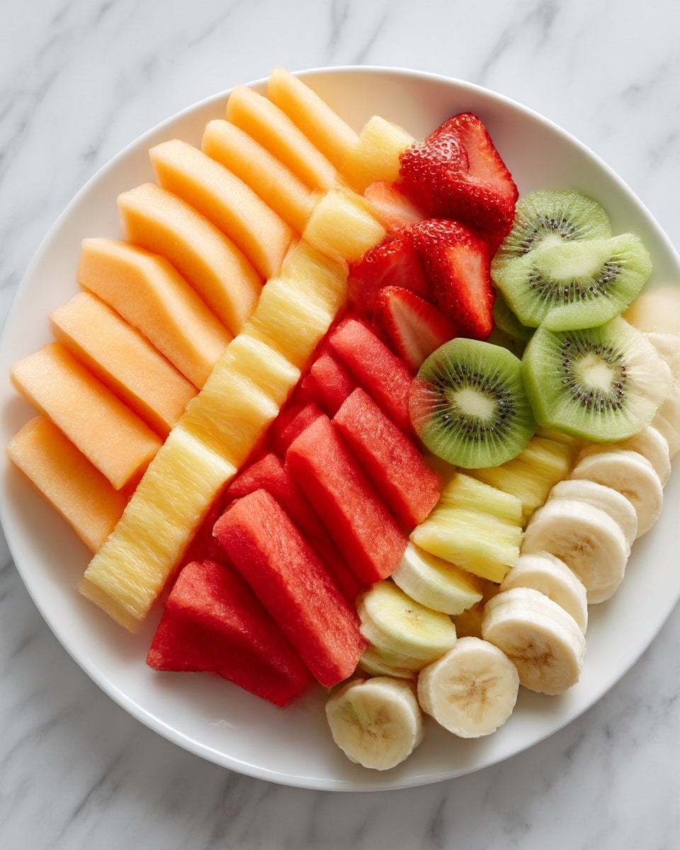 A white plate holds neat rows of sliced fruits arranged in layers from left to right. The first layer is light orange cantaloupe strips with a smooth texture. Next, there are bright red strawberry slices, slightly curved and juicy looking. Following that are green kiwi rounds with tiny black seeds speckled around the center, showing a soft texture. Then come bright red watermelon sticks, cut into long, thin triangles with some seeds visible. Beside them are pale yellow pineapple sticks, firm and slightly fibrous. The last layer is soft, round slices of banana in a creamy off-white color. The plate is placed on a white marbled surface. photo taken with an iphone --ar 4:5 --v 7