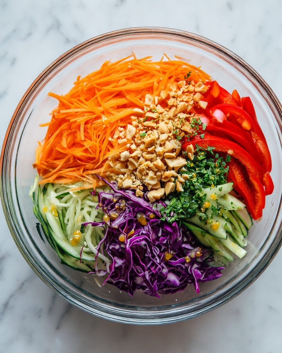 A clear glass bowl on a white marbled surface holds a fresh layered salad. Inside the bowl, thin strips of bright orange carrots form one layer, next to them are thin slices of red bell pepper. There are also thin green cucumber strips and finely shredded purple cabbage arranged neatly in separate sections. The salad is topped with crushed peanuts and finely chopped green herbs sprinkled across the top. A light dressing with small bits of yellow seasoning is drizzled over the salad. Photo taken with an iphone --ar 4:5 --v 7