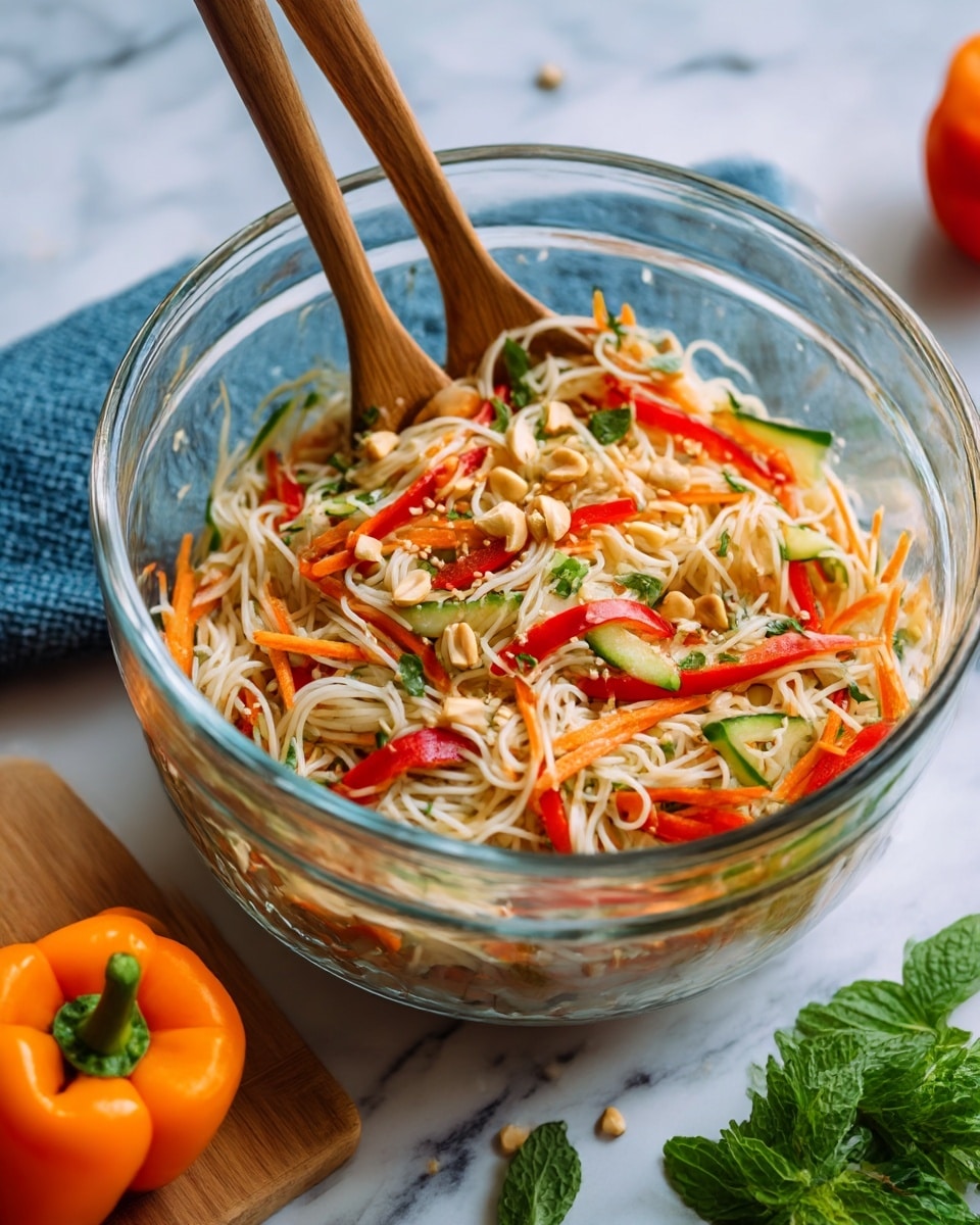 A clear glass bowl filled with a colorful noodle salad sits on a white marbled surface. The salad has thin white noodles as the base, mixed with bright orange carrot sticks, red bell pepper strips, and thin green cucumber pieces. Scattered on top are chopped peanuts, fresh green herbs, and a few sesame seeds. Two wooden spoons rest inside the bowl, one on the left and one on the right. Nearby, a blue textured cloth, a wooden board with fresh mint leaves, and two whole bell peppers, one orange and one red, add extra color to the scene. Photo taken with an iphone --ar 4:5 --v 7