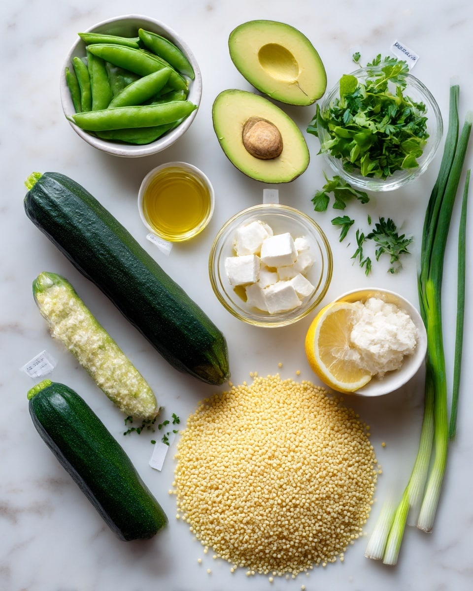 The image shows ingredients arranged neatly on a white marbled surface. At the center bottom is a small pile of light yellow couscous grains in a circular shape. Around the couscous, starting from the top left, is a small white bowl with green snap peas, two avocado halves with their yellow-green flesh visible, a small bunch of green watercress, a small clear glass bowl with golden olive oil, and a small white bowl holding white feta cheese cubes. There are two lemon halves placed near the middle along with some green onions with long green stalks and some finely chopped parsley. At the bottom left is a whole dark green cucumber lying horizontally. Each ingredient is clearly separated and labeled with white tags. photo taken with an iphone --ar 4:5 --v 7