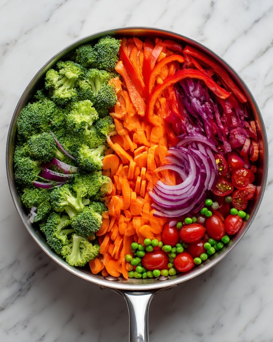 The image shows a silver pan with a long handle on a white marbled surface, filled with colorful vegetables. On the left side, the vegetables are separated into layers: bright green broccoli florets at the bottom, orange carrot sticks on the right side, thinly sliced red onions in light purple above the carrots, and red bell pepper strips on the top left. On the right side, the pan shows all the vegetables mixed together, adding more colors with the addition of small green peas and bright red halved cherry tomatoes, creating a vibrant mix of greens, reds, oranges, and purples. The vegetables look fresh and have a slightly shiny texture as if lightly oiled or steamed. photo taken with an iphone --ar 4:5 --v 7