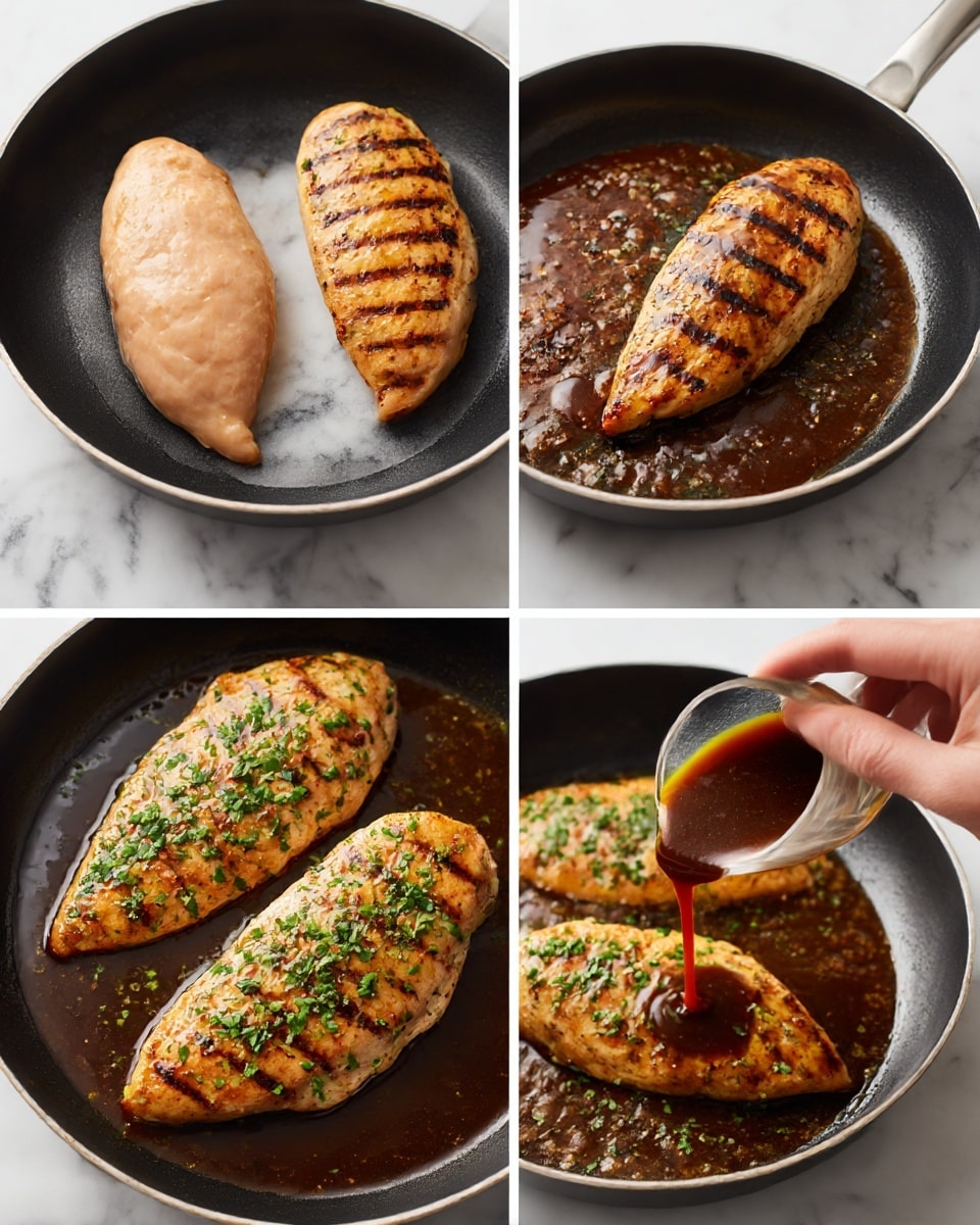 Four close-up images show cooking chicken breasts in a black pan on a white marbled surface. The first image shows two raw, pale pink chicken breasts laying flat in the pan. The second image shows the chicken breasts browned with dark grill marks on top. The third image shows dark brown sauce being poured over the browned chicken breasts. The fourth image shows a woman's hand sprinkling chopped green herbs over the chicken breasts, which have a warm golden-brown color, with the sauce bubbling around them. photo taken with an iphone --ar 4:5 --v 7