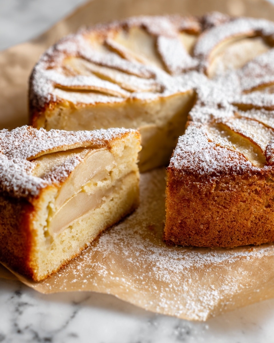 The image shows a round apple cake with a golden brown crust and a soft inside. The cake has visible slices of apple baked on the top and inside, arranged in layers beneath the surface. The top is lightly dusted with white powdered sugar, giving a fine texture on the golden crust. One thick slice is removed, showing the inside as pale yellow with soft apple pieces embedded throughout. The cake sits on brown parchment paper on a wooden board, with some powdered sugar scattered around the base. The background is a white marbled texture. photo taken with an iphone --ar 4:5 --v 7