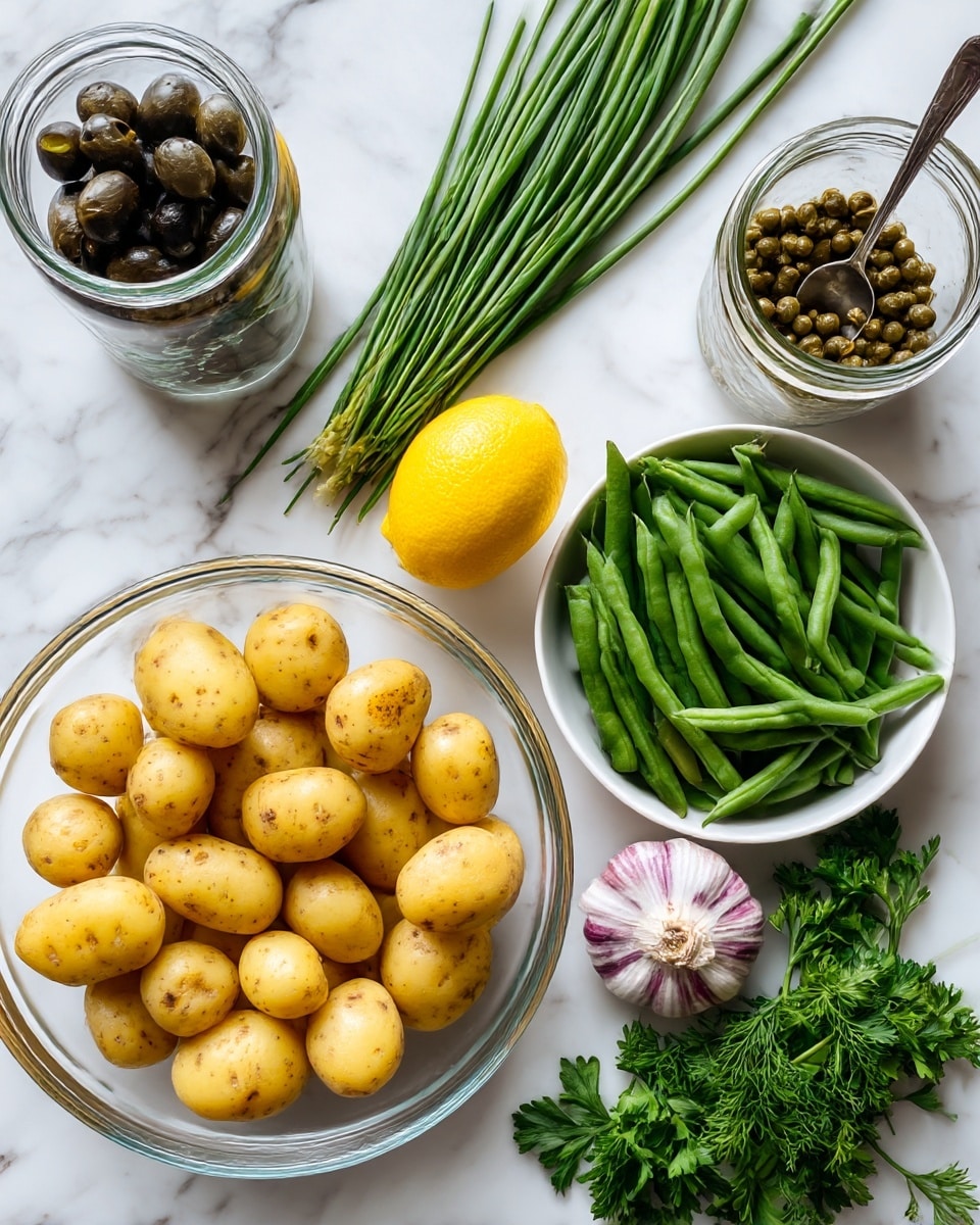 A round clear glass bowl filled with many small yellow potatoes with slight brown spots sits in the lower left. On the right, a white bowl holds fresh green beans stacked loosely. Near the center, a round purple and white garlic bulb is placed between a whole bright yellow lemon on the left and an open glass jar of green capers with a small metal spoon inside on the right. To the left top edge, there is a glass jar filled with black olives. At the top, several fresh long green chives are bundled and laid out horizontally. Fresh green parsley leaves and stems are spread around the bottom right corner. All items are arranged neatly on a white marbled surface. Photo taken with an iphone --ar 4:5 --v 7