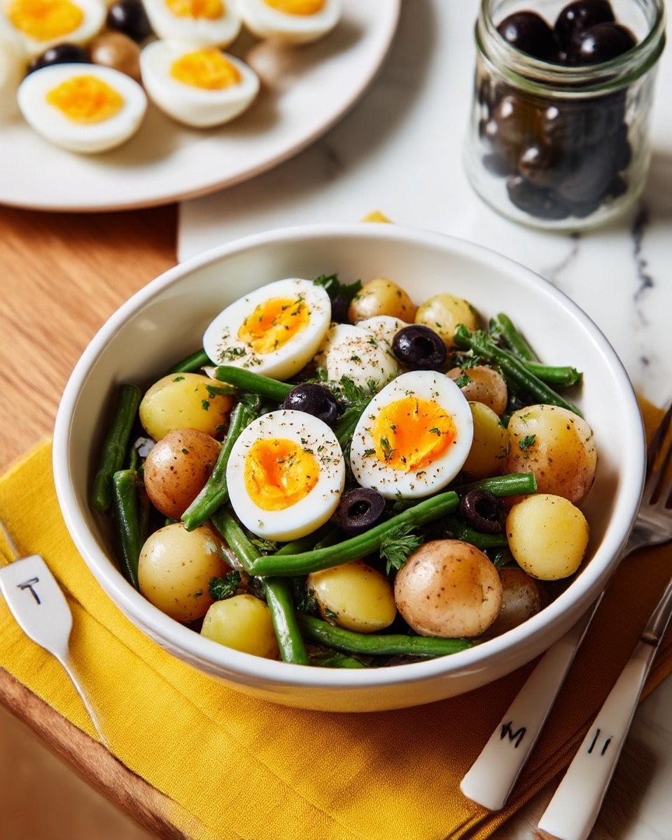 A white bowl filled with a colorful salad showing three main layers: at the bottom, small round potatoes in yellow and light brown hues; in the middle, bright green beans spread evenly; and on top, quartered hard boiled eggs with white edges and soft orange yolks, sprinkled with black pepper and herbs. Dark black olives and flat green parsley leaves are mixed throughout the salad, giving texture and color contrast. The bowl is placed on a yellow cloth on a wooden surface with two close-up utensils labeled