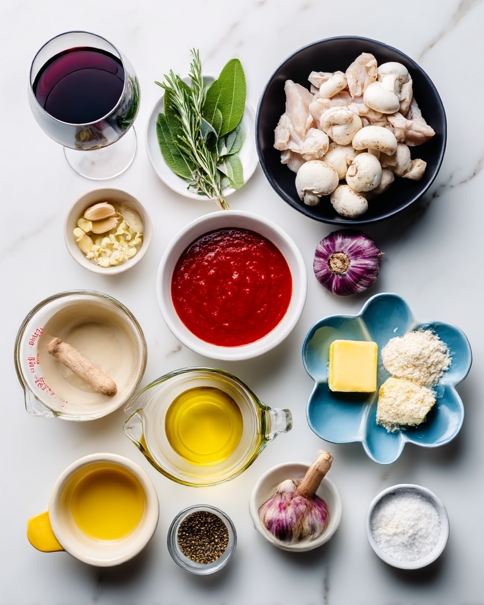 The image shows a top view of various ingredients arranged neatly on a white marbled surface. Starting from the top left, there is a filled clear wine glass with dark red wine. Next to it on the right is a small black bowl containing raw chicken pieces. Moving right, a white bowl holds clean white mushroom caps. Just below the mushrooms is a white bowl with bright red tomato puree. Below that bowl, a yellow ramekin contains small purple shallots. In the center, a clear measuring cup holds golden chicken stock. Below it, a small clear glass cup has light yellow olive oil. To the left of olive oil, a small beige bowl contains chopped garlic pieces with a wooden pestle beside it. Above garlic, a small white plate with a blue rim carries fresh green herbs, including bay leaf, parsley, and rosemary. To the right of the herbs, a white bowl shaped like a flower holds two small pats of yellow butter. Below the butter, a blue flower-shaped bowl contains white flour. At the bottom right, a white round dish holds salt and black pepper. The arrangement is clean and organized, with good lighting highlighting the colors and textures of each ingredient, photo taken with an iphone --ar 4:5 --v 7