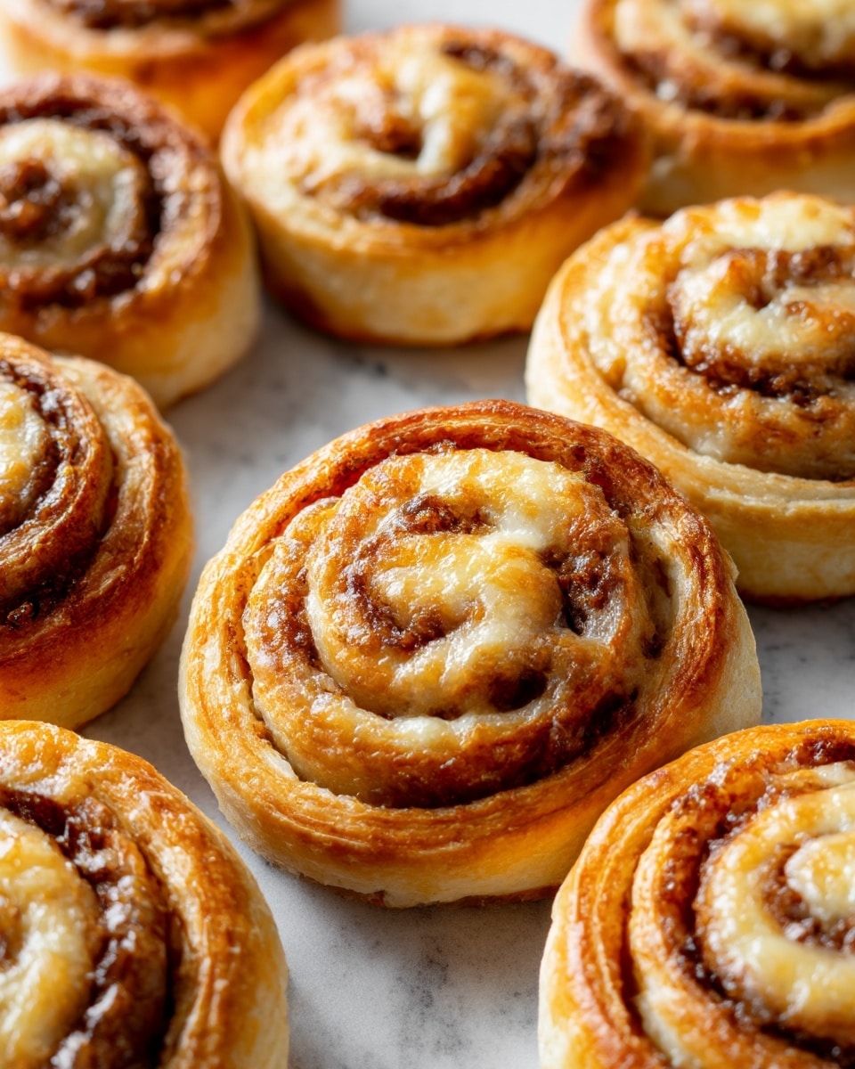 A close-up view of several golden-brown spiral pinwheel pastries arranged together on a white plate, each pastry showing visible layers of flaky, light beige dough with a lightly browned and bubbly melted cheese layer swirled through the spiral pattern; the cheese has slightly darker brown spots on top, giving a textured toasted look. The pastries have a soft and slightly shiny surface with irregular edges and small cracks, all sitting on a white marbled background. photo taken with an iphone --ar 4:5 --v 7