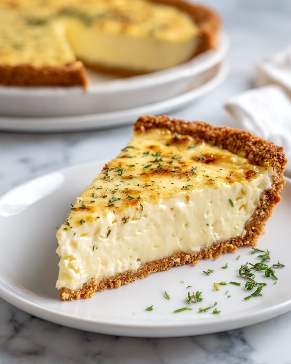 A slice of creamy pie is shown close up on a white plate, with a thick golden crust forming the bottom layer. The pie filling is smooth and light yellow with small bits of crispy browned spots on top and green herb sprinkles scattered over the surface. In the background, the rest of the pie has a missing slice and sits on a white plate over a white marbled surface. Small green herb pieces are also scattered on the plate near the slice. photo taken with an iphone --ar 4:5 --v 7