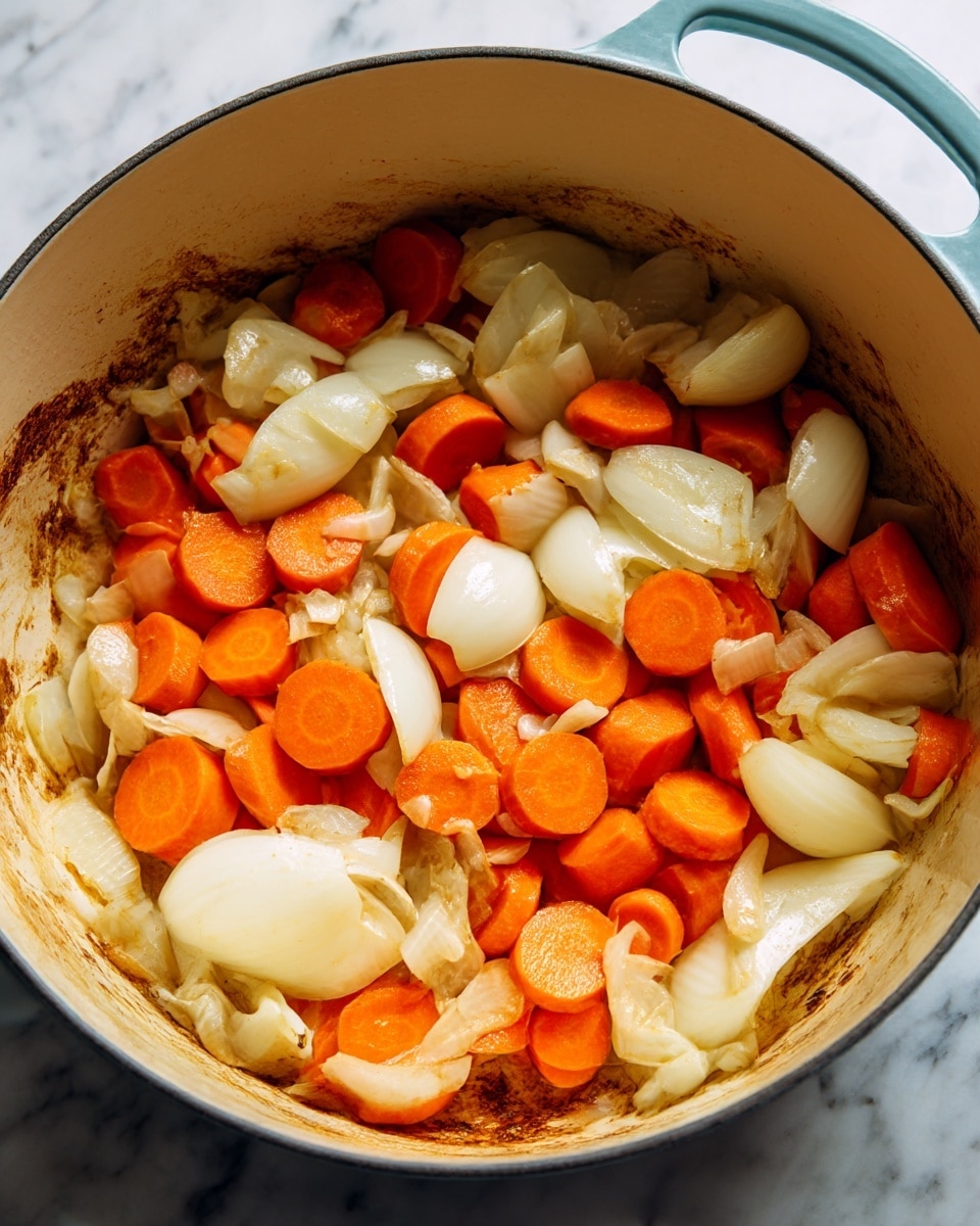 A close-up view inside a large, round light blue pot filled with a mix of cooked sliced carrots and thick sliced onions. The carrots are bright orange, cut into uneven round and oval shapes, scattered in layers throughout the pot. The onions are cooked soft, pale white, and translucent, with some slices curling naturally around and between the carrot pieces. The pot's inside sides show some brown cooked residue, indicating the vegetables have been sautéing. The background surface beneath the pot is a white marbled texture. Photo taken with an iphone --ar 4:5 --v 7