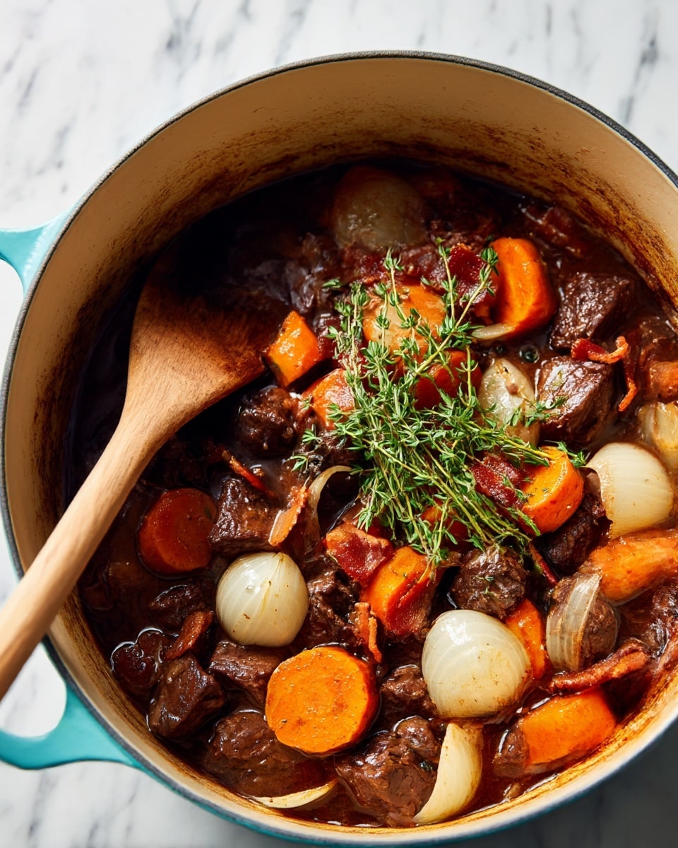 The image shows a large, light aqua pot filled with a beef stew. The dish has several layers: the bottom layer is dark brown chunks of cooked beef with a slightly rough texture, mixed with thick slices of bright orange carrots and translucent rings of white onion scattered throughout. Some pieces of crispy bacon add a reddish-brown tone, while a bundle of fresh green thyme rests on top as garnish. A wooden spoon is partially visible, resting inside the pot on the left side. The pot is placed on a white marbled surface. photo taken with an iphone --ar 4:5 --v 7