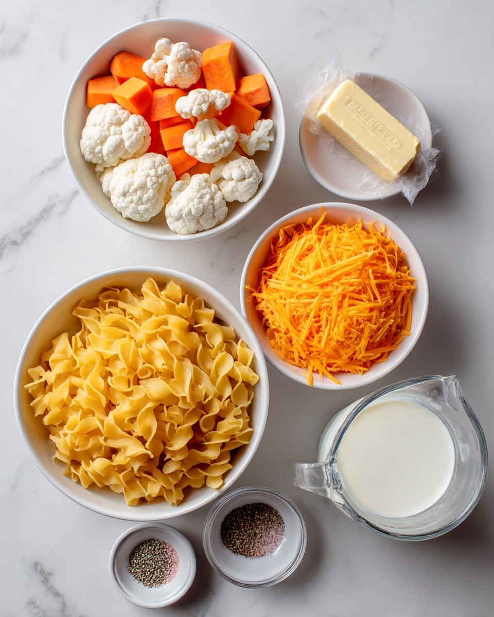 The image shows six white bowls and a measuring cup with different ingredients arranged on a white marbled surface. The top left bowl contains chopped orange carrots, white cauliflower, and diced orange sweet potatoes. Below it, a larger white bowl is filled with uncooked yellow noodles that are curly and elbow-shaped. To the right of the vegetables, there is a white bowl with bright orange shredded cheese. Above the cheese sits a small wrapped stick of butter. A small white bowl with pink salt and black pepper is placed near the butter. On the bottom right, a clear glass measuring cup holds white milk. All items are neatly placed in a flat lay arrangement, and the lighting is bright and even, highlighting the colors and textures of each ingredient. Photo taken with an iphone --ar 4:5 --v 7