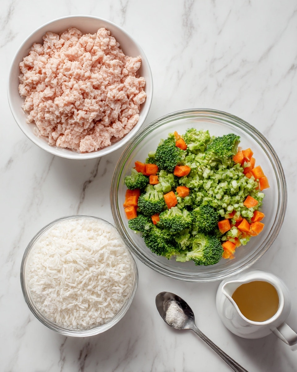 The image shows a top view of several ingredients placed on a white marbled surface. There is a white bowl with ground turkey, light pink in color, with a rough and soft texture. Below it, there is a glass bowl filled with white cooked rice, fluffy and slightly sticky. Next to the rice, another glass bowl contains finely chopped broccoli and carrots, showing green and orange colors with a mix of small pieces. Below these bowls, there is a metal spoon with a small amount of white garlic powder and a white pitcher with light brown sesame oil. The arrangement is neat with each ingredient clearly visible and separated photo taken with an iphone --ar 4:5 --v 7