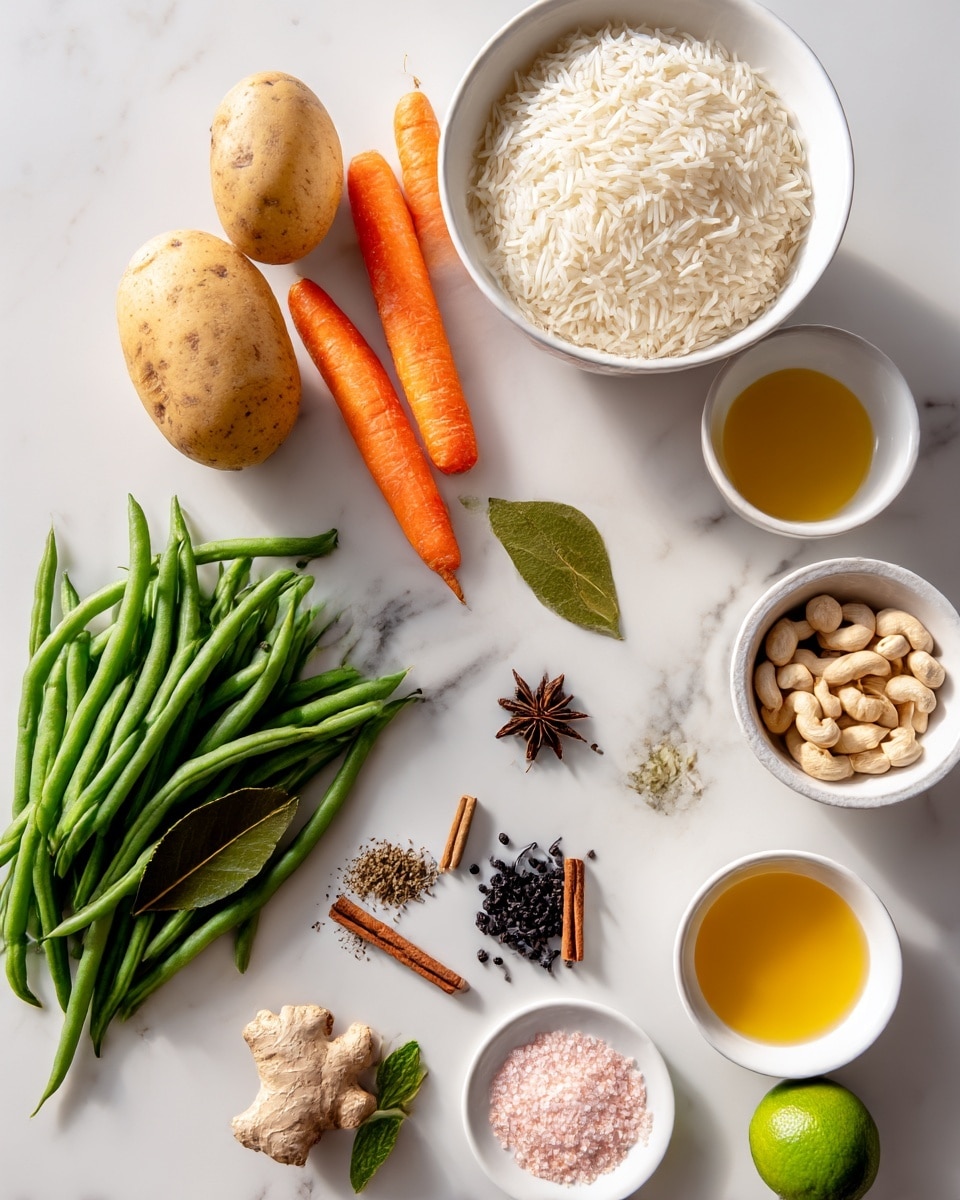The image shows various cooking ingredients neatly arranged on a white marbled surface. At the top center is a white bowl filled with basmati rice, its long grains visible. To the left, two whole potatoes and three carrots are placed side by side, all natural in color and texture. Below the carrots, a bunch of fresh green beans is spread out. On the right, there are smaller white bowls holding cashewnuts, bright yellow melted ghee, and coarse pink salt. In the center bottom, a white plate displays whole spices including a bay leaf, black peppercorns, black cardamom, ginger piece, cloves, green cardamom, a cinnamon stick, and dried mint leaves. A whole lime sits near the center-right of the layout. The arrangement is clean and color-contrasted, emphasized by a soft natural light. Photo taken with an iphone --ar 4:5 --v 7