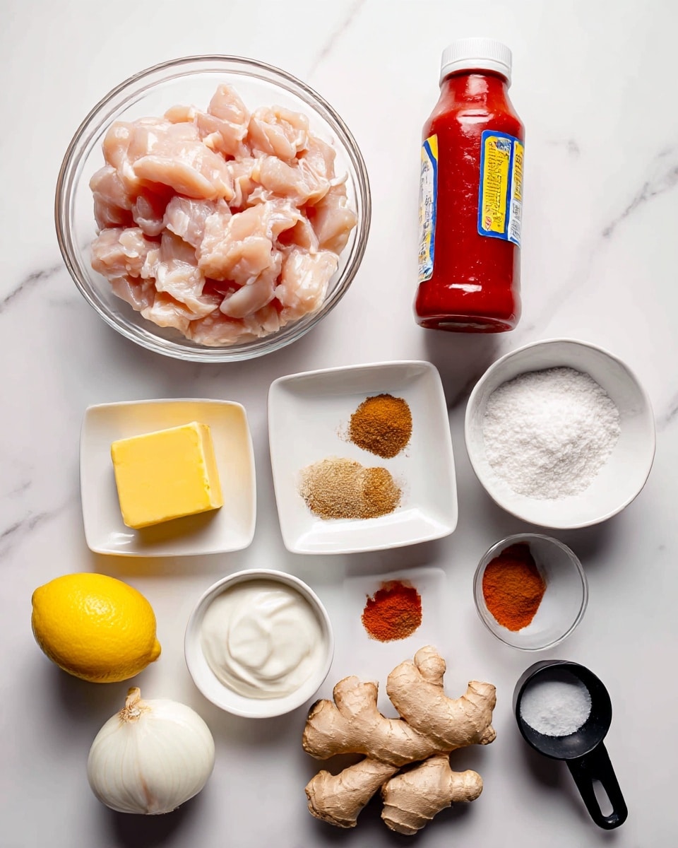 The image shows ingredients neatly arranged on a white marbled surface. At the top left is a clear glass bowl filled with raw, chopped chicken pieces in pale pink. To the right of that is a tall, white bottle of red tomato sauce with a colorful yellow and blue label. Below the chicken bowl, there is a small white dish with a thick yellow square of butter. Next to the butter is a small white bowl filled with white cream. To the right of the cream is a white rectangular dish holding several brown and orange ground spices. Below that spice dish, there is a whole yellow lemon. At the bottom left, there is a whole peeled onion in white. Centered at the bottom is a piece of fresh, knobby ginger root with light brown skin. To the right of the ginger, a black measuring cup holds white powdered substance. The clean arrangement on the bright surface emphasizes each ingredient clearly. photo taken with an iphone --ar 4:5 --v 7