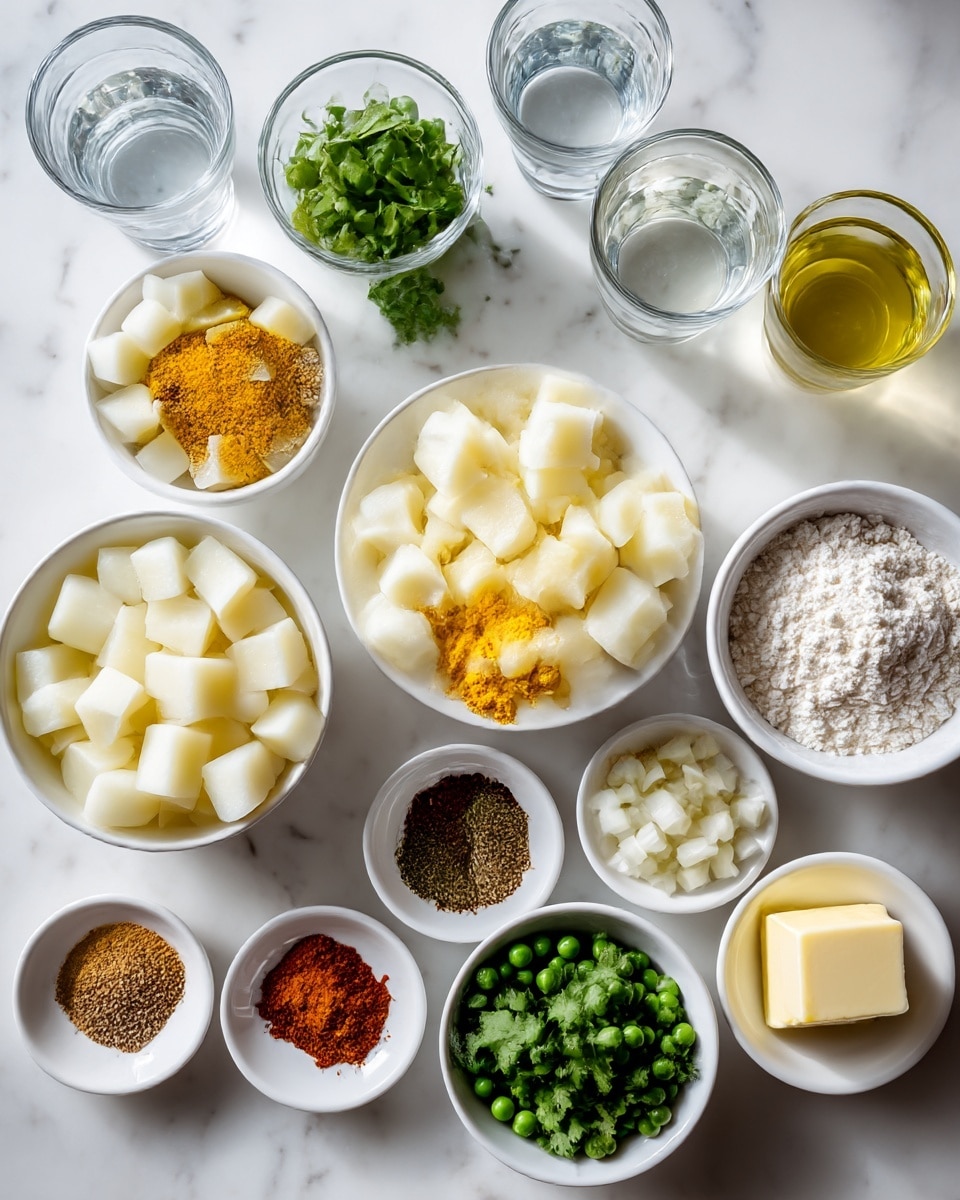 The image shows a neatly arranged set of ingredients for cooking on a white marbled surface. There is a white bowl filled with cubed white potatoes, a small white bowl with bright yellow turmeric powder, and another with green chopped jalapenos. Small white bowls contain reddish-brown cayenne powder, golden brown cumin seeds, and a light brown garam masala mix. A small pile of dark green chopped cilantro sits beside finely chopped white onions in a white bowl, with a bowl of fresh green peas nearby. There are clear glasses with water and oil, a white bowl with light yellow butter, and a white bowl filled with white flour. The scene is bright and organized, showing each vibrant ingredient clearly. Photo taken with an iphone --ar 4:5 --v 7