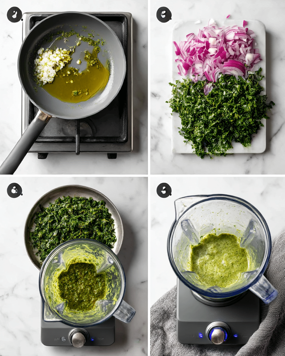 The image shows six steps of making a green sauce in a collage format on a white marbled surface. Step 1 has a gray pan on a stove with chopped green chili and minced garlic in a small pool of olive oil in the center. Step 2 shows sliced red onions added on top of the chopped garlic and chili in the same pan. Step 3 shows a large pile of finely chopped leafy greens covering the onions and garlic in the pan. Step 4 shows the pan covered with a glass lid, steam fogging the glass and greens visible underneath. Step 5 shows the cooked greens with onions and garlic transferred to a blender cup placed on the white marbled surface next to a gray cloth. Step 6 shows the blender cup with light green sauce mixed, sitting on the blender base with blue lights on. Photo taken with an iphone --ar 4:5 --v 7
