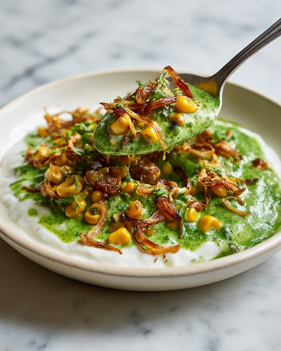 The image shows a close-up of a dish with several layers. The base is white creamy yogurt with a smooth texture, spread evenly across the bottom. On top, there is a bright green sauce with a slightly thick texture, dotted with yellow corn kernels. Scattered over the green sauce are thin, golden-brown fried onion slices and whole cumin seeds, giving a mix of crispy and textured look. A silver spoon scoops some of the dish, lifting the creamy yogurt, green sauce, corn, and onions together. The background shows a white marbled surface. photo taken with an iphone --ar 4:5 --v 7