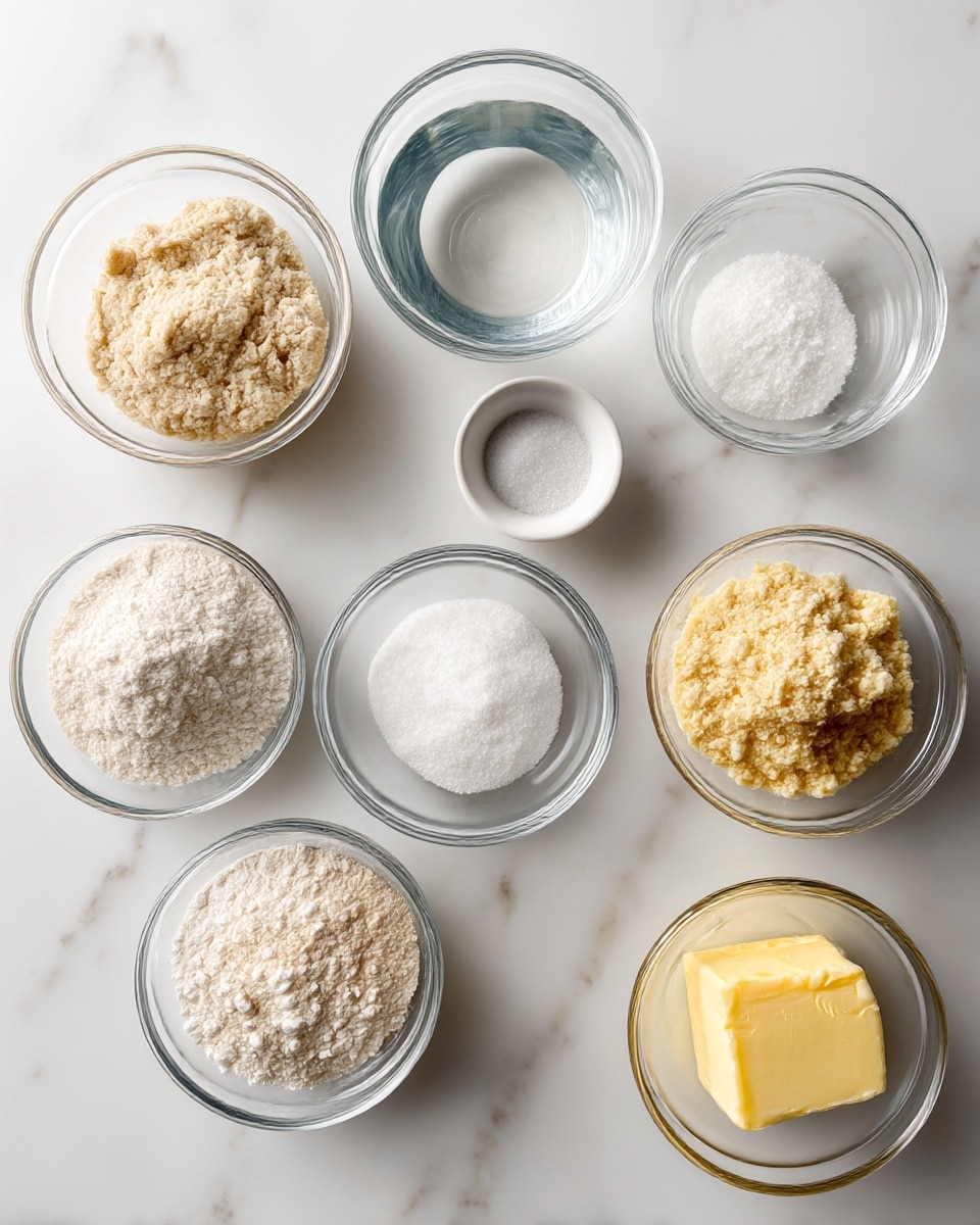 The image shows small clear glass bowls and a small white bowl arranged neatly on a white marbled surface. Each bowl contains a different ingredient: one with beige sourdough discard, one filled with white flour, one holding clear water, one with white sugar, one with white salt, one with a light tan dry active yeast, one with a beige baking soda, and one with golden yellow butter. The textures vary from powdery flour and sugar to smooth water and butter, all evenly spread in their bowls. The bowls are spaced with visible labels identifying each ingredient, placed gently on or near the bowls. Photo taken with an iphone --ar 4:5 --v 7