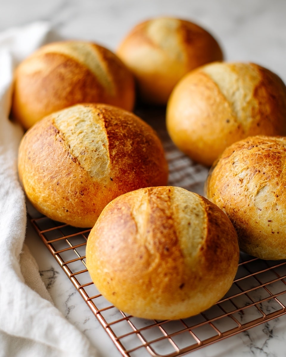 Six round bread rolls with a golden-brown crust and dark specks scattered throughout are placed on a copper cooling rack over a white marbled surface. Each roll has a simple pattern cut into the top, showing a lighter, soft inner texture beneath the crisp outside. A white cloth is partially seen on the left side of the image. The focus is mainly on the bread rolls with smooth, slightly uneven surfaces showing natural baking cracks. photo taken with an iphone --ar 4:5 --v 7
