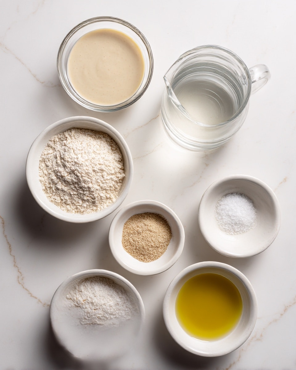 The image shows six small white bowls arranged neatly on a white marbled surface, each bowl containing a different ingredient. From top left to right: a small glass bowl filled with a creamy beige sourdough discard; a small clear pitcher filled with water; below them, in the center left, a white bowl filled with white gluten-free flour; a tiny bowl with light brown active dry yeast to its right; below to the left, a small white bowl containing coarse kosher salt; and finally, a white bowl holding a light yellow olive oil. Each ingredient’s texture is clearly visible, showing powdery flour, smooth liquid oil, and grainy salt. The light reflects softly on the bowls, making the simple ingredients stand out. Photo taken with an iphone --ar 4:5 --v 7