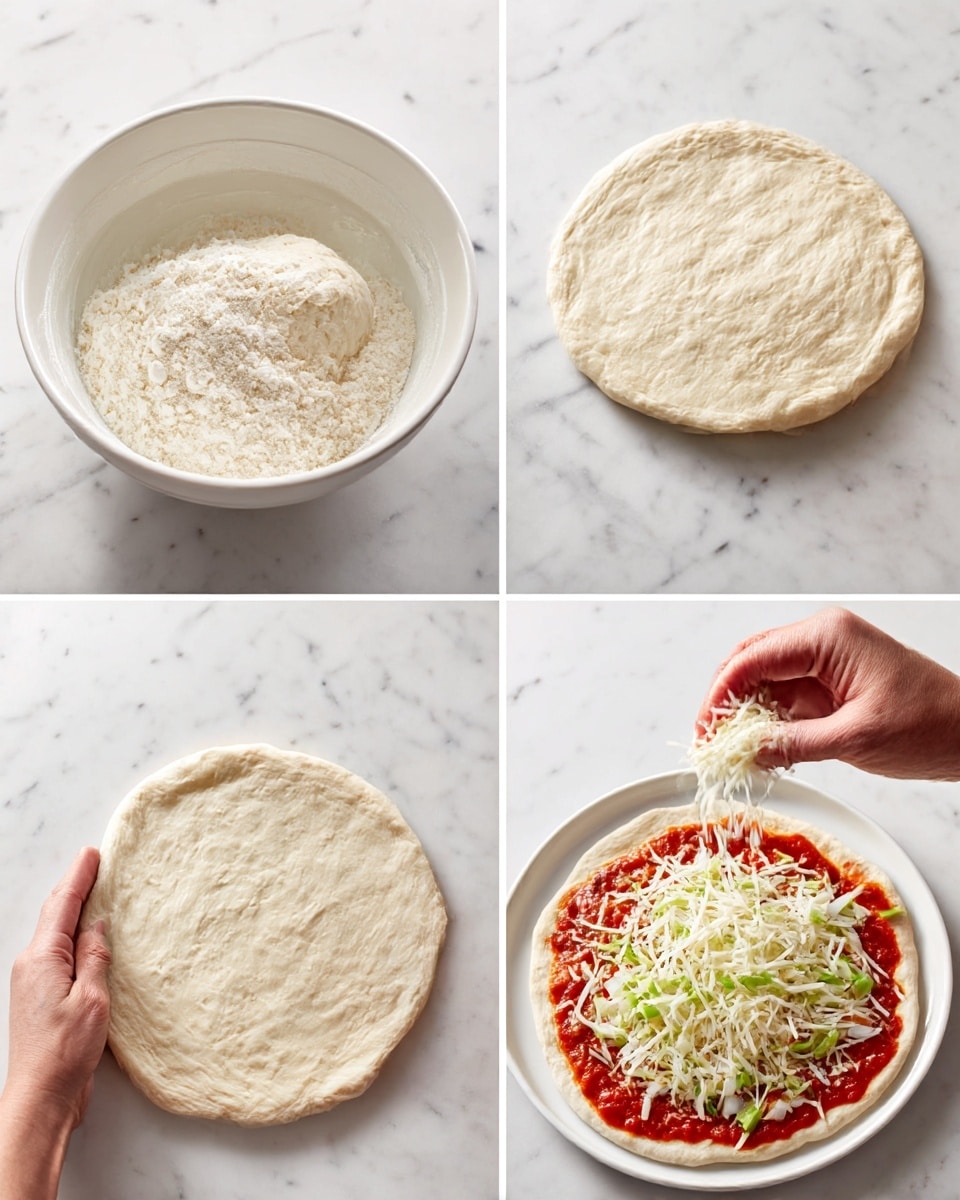 The image shows a sequence of preparing a pizza dough and topping it. First, flour and water are mixed in a white bowl on a white marbled surface, followed by the dough resting in the bowl. Then, the dough is placed on the surface and stretched into a thin, round shape by a woman's hand. The dough is flattened to form an even white circle. Next, tomato sauce is spread over the dough, covering it with a smooth red layer. A woman's hand sprinkles white shredded mozzarella cheese over the sauce. Finally, the pizza is topped with bits of white and green vegetables on a white plate. Photo taken with an iphone --ar 4:5 --v 7