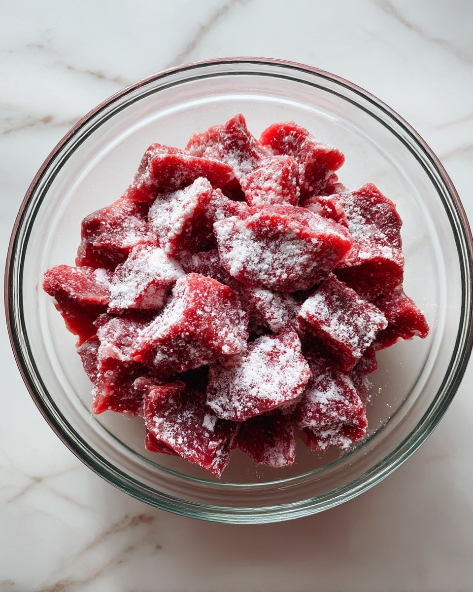 A clear glass bowl filled with raw, red meat slices that are dusted lightly with white flour. The meat pieces have different sizes and thicknesses, showing a rough texture with some parts slightly curled. The bowl is placed on a white marbled surface with a soft, natural light highlighting the contrast between the red meat and white flour. photo taken with an iphone --ar 4:5 --v 7