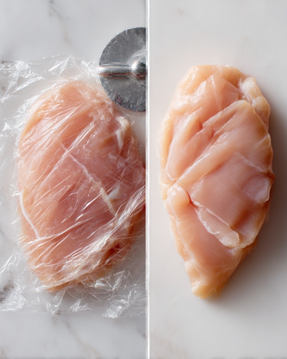 The image shows two side-by-side close-up photos. On the left, a piece of raw chicken lies flat under a clear plastic wrap on a white marbled surface, with a metal meat tenderizer seen at the top. On the right, the same piece of chicken is shown flattened on a white board with smooth, pale pink flesh and soft texture, edges slightly uneven. Photo taken with an iphone --ar 4:5 --v 7