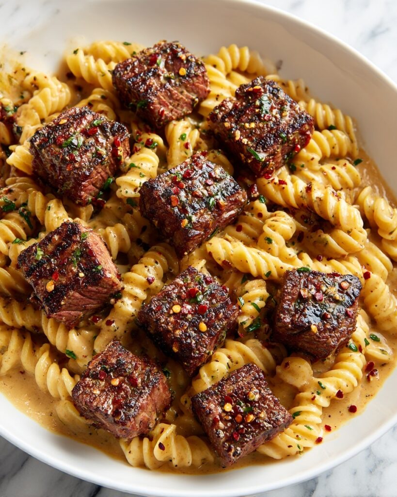 Creamy Garlic Butter Steak Bites with Spicy Cajun Alfredo Twisted Pasta Recipe