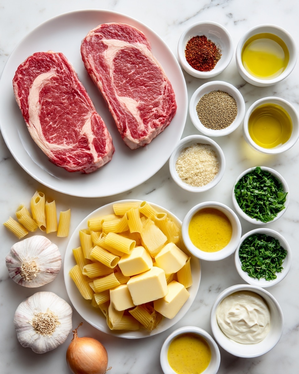 The image shows ingredients for a meal arranged neatly on a white marbled surface. There are two raw ribeye steaks with a red and marbled texture on a white plate at the top left. To the right, there are small white bowls filled with different items: golden yellow olive oil, light yellow lemon juice with zest, deep red spices, finely chopped green parsley, and finely grated pale yellow parmesan. Below these, there are small white bowls with bright yellow dijon mustard and creamy white double cream. In the center, there is a white plate holding several pale yellow butter squares. To the left, there are pieces of golden yellow rigatoni pasta, and at the bottom left, a whole smooth garlic bulb and a small light brown shallot are placed. The colors of the ingredients contrast nicely against the white marbled surface, making each element clear and easy to see. photo taken with an iphone --ar 4:5 --v 7